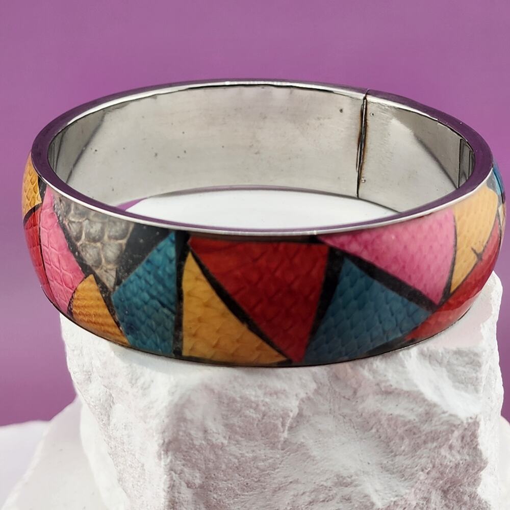 Chunky Multicolor Geometric Patchwork Bangle Bracelet Snakeskin Look Boho